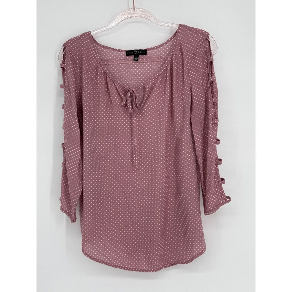 Fred David Mauve Polka Dot Split Neck Tie Blouse Cutout‎ 3/4 Sleeve M A2U085RM